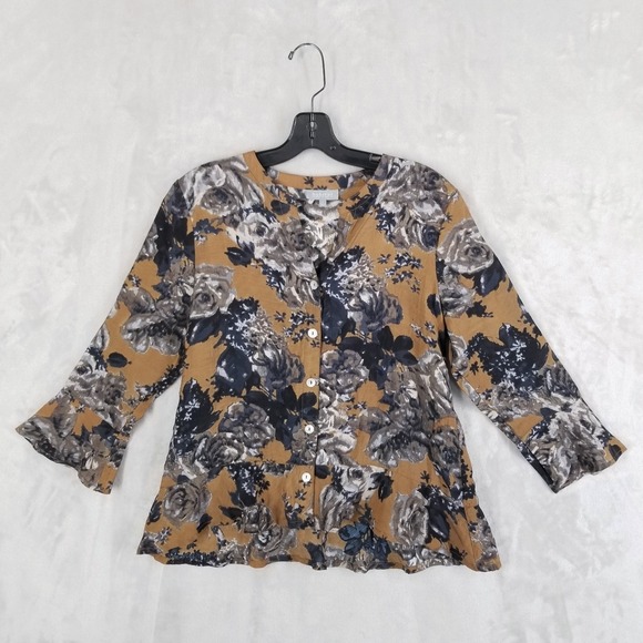 Habitat Tops - Habitat Blouse Women Small Brown Floral Peplum Lagenlook Lightweight Flowy